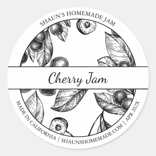Label "Black & White Sketch Cherry" Runder Aufkleber (Vorderseite)