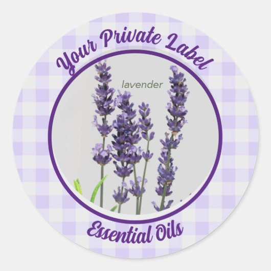 Label Lavender Gingham Private Essential Oils Runder Aufkleber (Vorderseite)