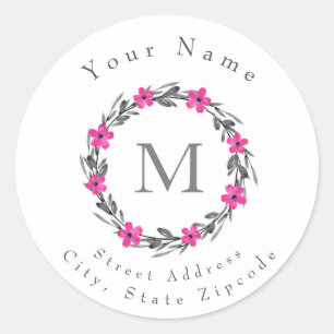 Labels "Hot Pink Grey Black Floral Wreath" Runder Aufkleber