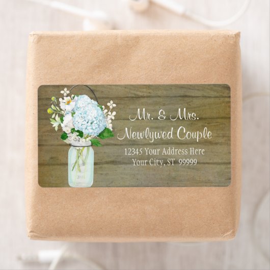 Labels Rustic Country Mason Jar Blue Hydrangeas (Insitu)