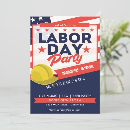Labour Day USA Flag Hard Hat Party Event Einladung (Stehend Vorderseite)