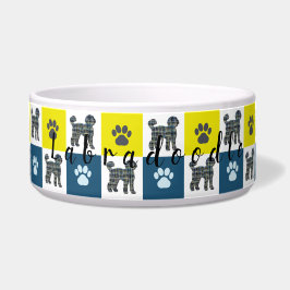Labradoodle Dog & Paw Yellow & Blue Grid Dog Bowl Napf