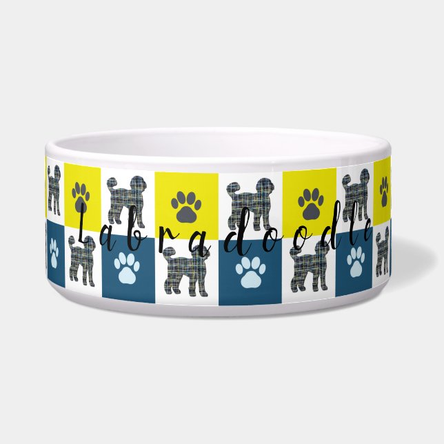 Labradoodle Dog & Paw Yellow & Blue Grid Dog Bowl Napf (Vorderseite)