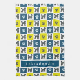 Labradoodle Dog & Paw Yellow & Blue Grid Teetuch Geschirrtuch