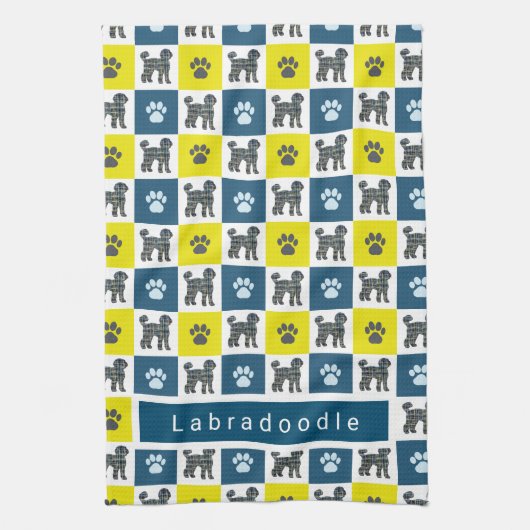 Labradoodle Dog & Paw Yellow & Blue Grid Teetuch Geschirrtuch (Vertikal)