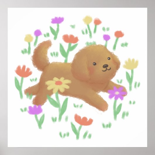 Labradoodle mit Blumen Illustration Poster (Vorne)