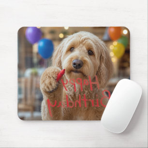 Labradoodle schreibt Alles Gute zum Geburtstag auf Mousepad