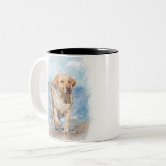 Labrador am Strand Wasserfarbe Zweifarbige Tasse (Vorderseite Links)