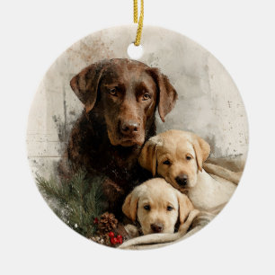 Labrador and Puppies Vintage Christmas Keramik Ornament