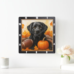 Labrador Autumn Football Pumpkin Quadratische Wanduhr
