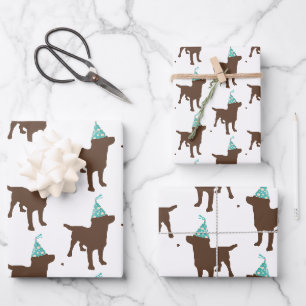 Labrador-Chocolate-Hund zum Geburtstag mit Partyhu Geschenkpapier Set