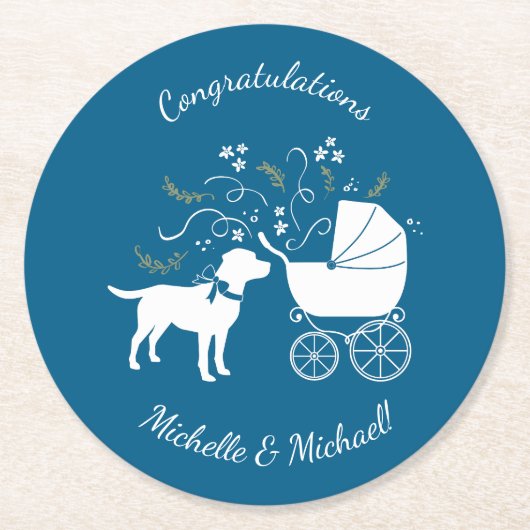 Labrador Dog Baby Shower Blue Boy Labrador Runder Pappuntersetzer (Vorderseite)