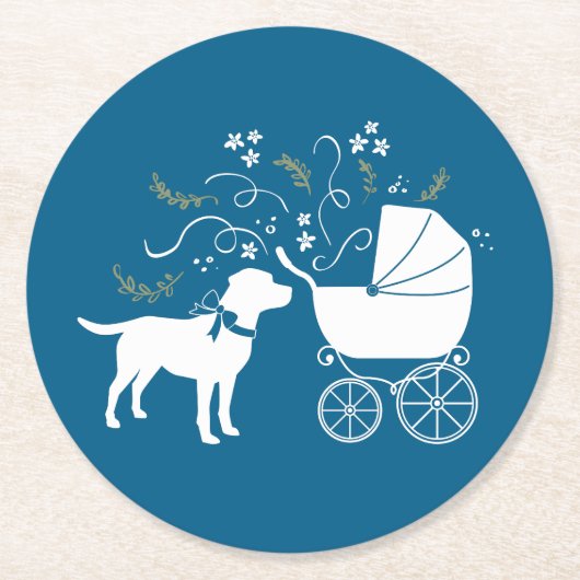 Labrador Dog Baby Shower Blue Boy Labrador Runder Pappuntersetzer (Vorderseite)