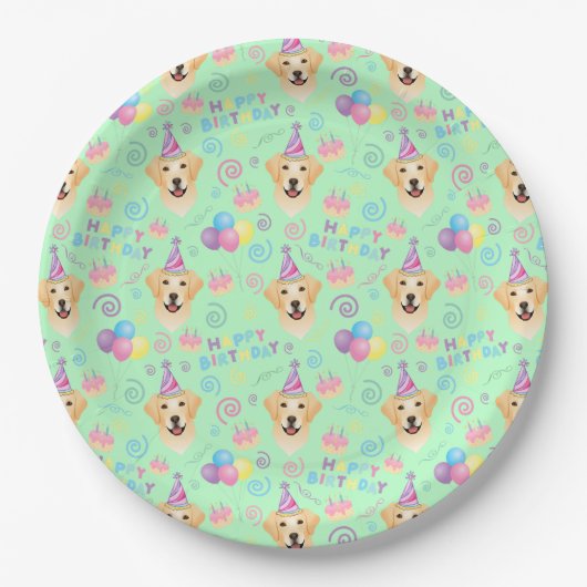Labrador Dog Birthday Party Paper Plates in Green Pappteller (Vorderseite)