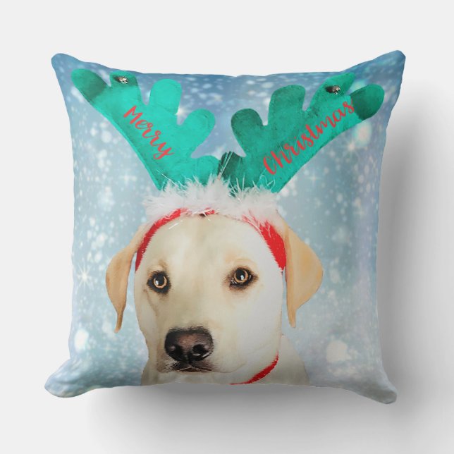 Labrador Dog Christmas Antlers Niedlich Throw Kissen (Vorderseite)