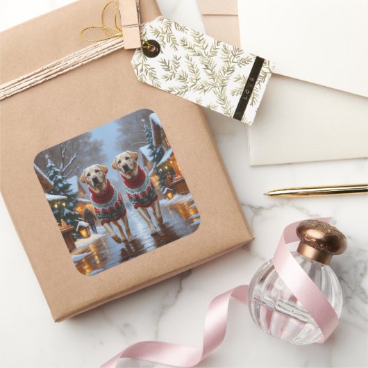 Labrador Dogs Christmas Snow Holiday Quadratischer Aufkleber (Schenken)