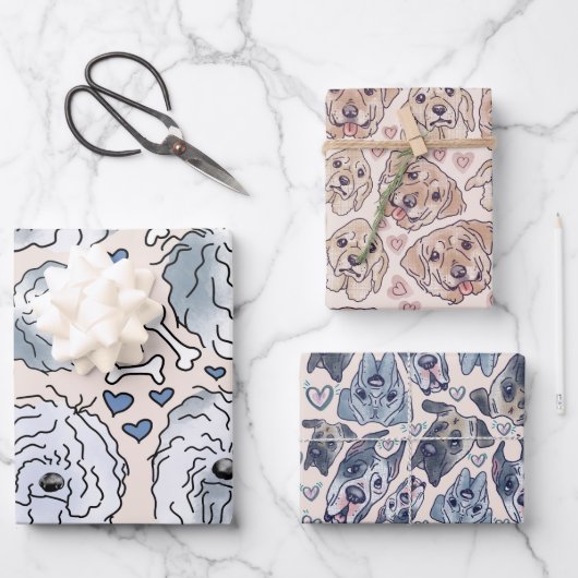 Labrador, Great Dane, Barted Collie handgezeichnet Geschenkpapier Set (Vorderseite)