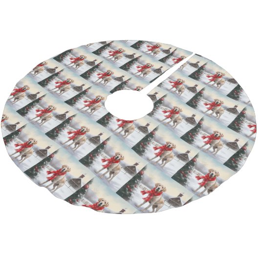 Labrador Hund im Schnee Weihnachten Polyester Weihnachtsbaumdecke (Schrägansicht)