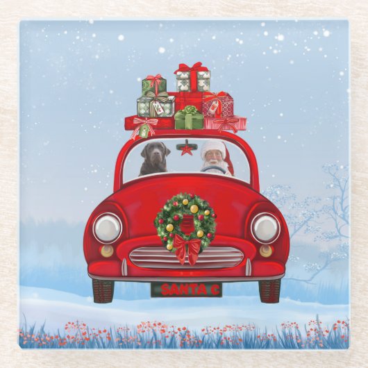 Labrador Hund in Auto mit dem Weihnachtsmann Glasuntersetzer (Vorderseite)