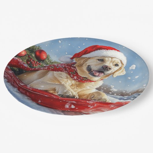 Labrador Hund in Sledge Let it Snow Christmas Pappteller (Schrägansicht)