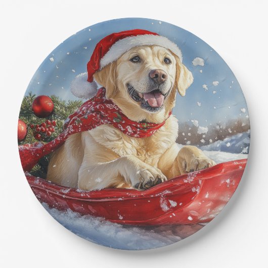 Labrador Hund in Sledge Let it Snow Christmas Pappteller (Vorderseite)