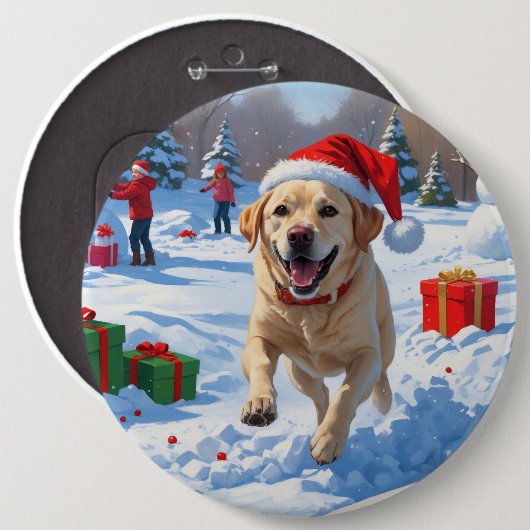 Labrador Hund läuft im Schnee mit Weihnachtshut Button (Vorne & Hinten)