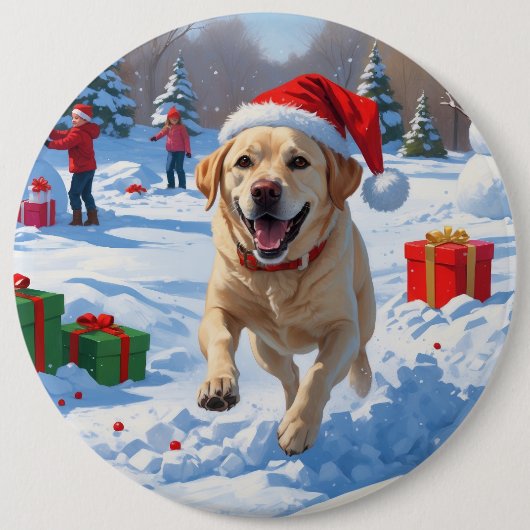 Labrador Hund läuft im Schnee mit Weihnachtshut Button (Vorderseite)