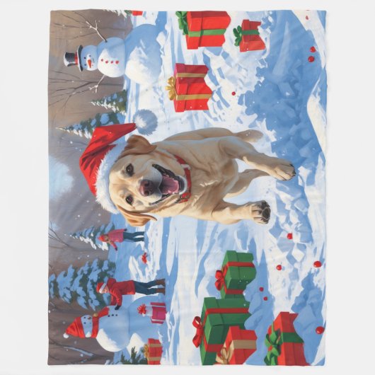 Labrador Hund läuft im Schnee mit Weihnachtshut Fleecedecke (Vorderseite)