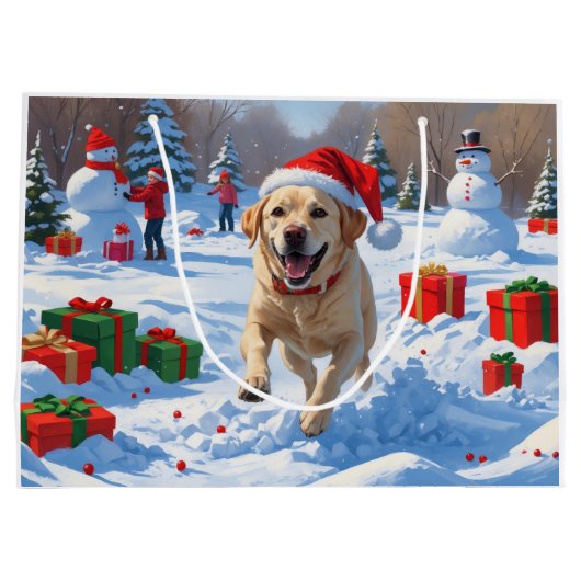 Labrador Hund läuft im Schnee mit Weihnachtshut Große Geschenktüte (Rückseite)