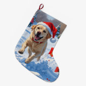 Labrador Hund läuft im Schnee mit Weihnachtshut Großer Weihnachtsstrumpf (Vorderansicht (hängend))