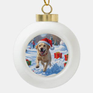 Labrador Hund läuft im Schnee mit Weihnachtshut Keramik Kugel-Ornament