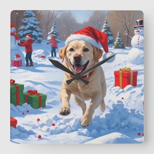 Labrador Hund läuft im Schnee mit Weihnachtshut Quadratische Wanduhr (Vorderseite)