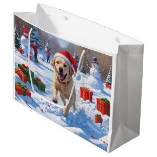 Labrador-Hund läuft im Schnee mit Weihnachtsmütze Große Geschenktüte