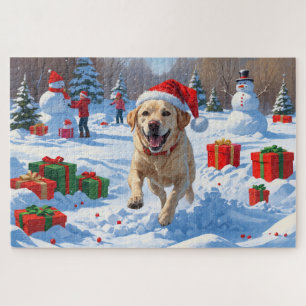 Labrador-Hund läuft im Schnee mit Weihnachtsmütze Puzzle