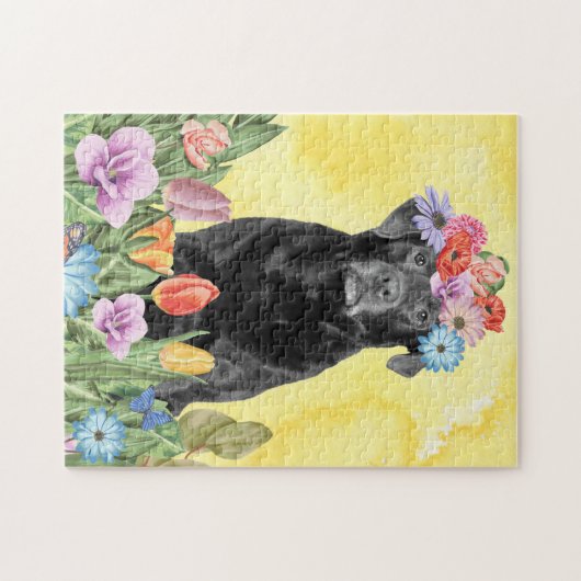 Labrador Hund mit Blume Spring Puzzle (Horizontal)