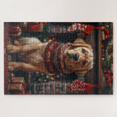 Labrador Hund mit Weihnachtsgeschenken Feuerplatz Puzzle (Horizontal)