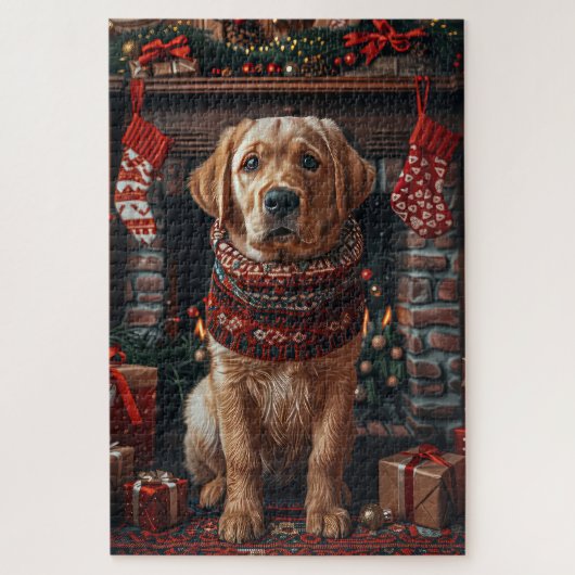 Labrador Hund mit Weihnachtsgeschenken Feuerplatz Puzzle (Vertikal)