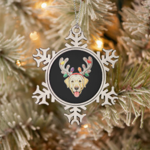 Labrador-Hund-Rentier-Geweih-Weihnachtslichter Schneeflocken Zinn-Ornament