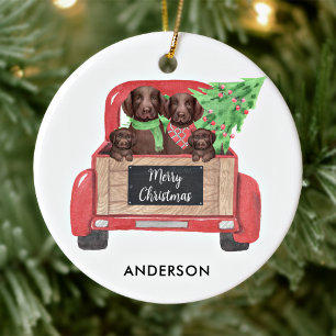 Labrador Hunde Welpe Vintag Red Christmas Truck Keramik Ornament
