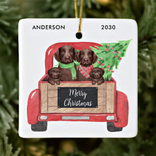 Labrador Hunde Welpe Vintag Red Truck Weihnachten Keramikornament