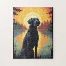 Labrador im Wald bei Sonnenuntergang