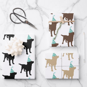 Labrador-Mischfarben-Geburtstags-Hund mit Partyhut Geschenkpapier Set