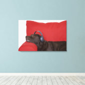 Labrador mit Kopfhörer auf dem Sofa Leinwanddruck (Insitu (Holzboden))