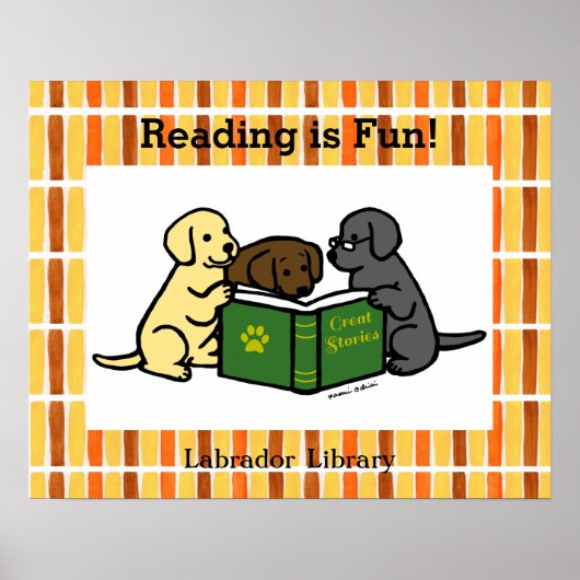 Labrador Puppies Lesen von Cartoon Poster (Vorne)