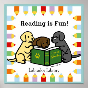 Labrador Puppies Lesen von Cartoon Poster