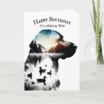 Labrador Retriever Birthday for Son Karte<br><div class="desc">Doppelte Belichtung einer Labrador Retriever Profil Silhouette mit Enten und einer Bergszene abgeschieden auf weißem Hintergrund. Der Text ist bearbeitbar.</div>