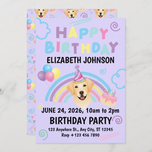 Labrador Retriever Birthday Party Invitation Purpl Einladung (Vorne/Hinten)