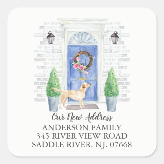 Labrador Retriever Blue Door New Address Label Quadratischer Aufkleber (Vorderseite)