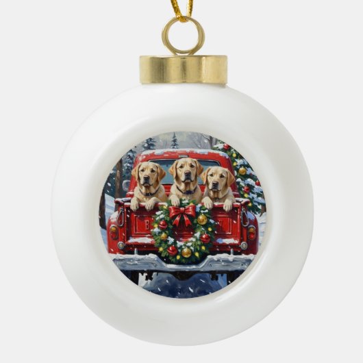 Labrador Retriever Christmas Red Truck Holiday Keramik Kugel-Ornament (Vorderseite)