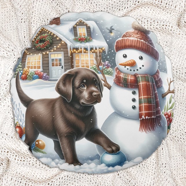 Labrador Retriever Christmas Snowman Puppy Dog Rundes Kissen (Von Creator hochgeladen)